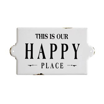 This is an enameled sign that says,"This is our Happy Place".  Size: 14.5" x 8"  White Enameled with Black lettering.