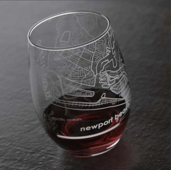 D Newport Beach CA Map Stemless Wine Glass Seaside Gallery and Goods