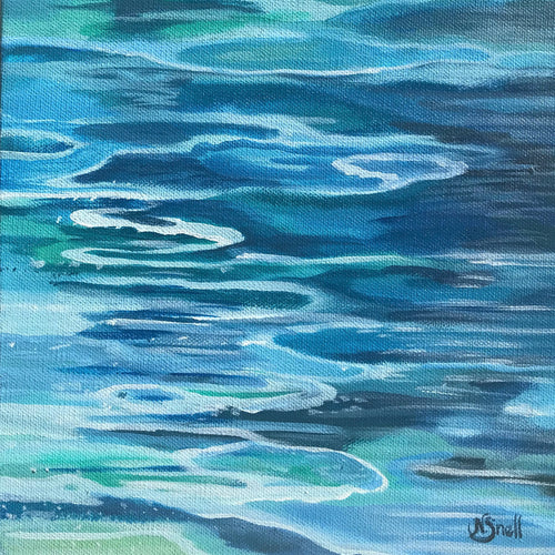This acrylic painting is impressionistic in style depicting water with various shades of blue and white. The feeling is serene and soothing.