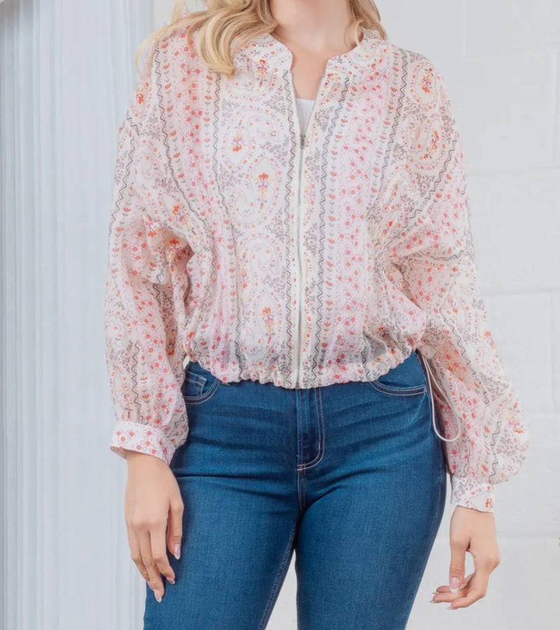 CC SHEER BOMBER JACKET WITH RUCHING DETAIL