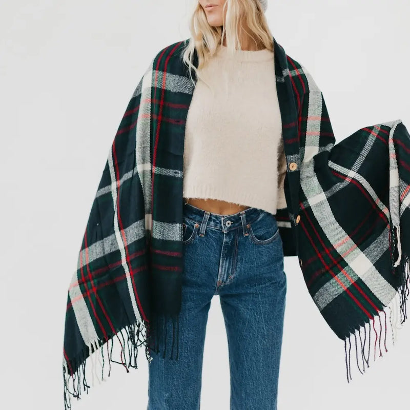 TL PS Button Plaid Shawl Scarf