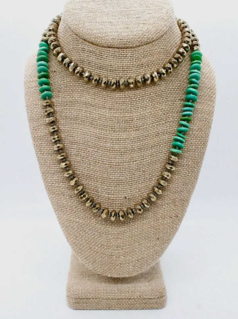 CC HAND KNOTTED GREEN TURQUOISE AND PYRITE NECKLACE