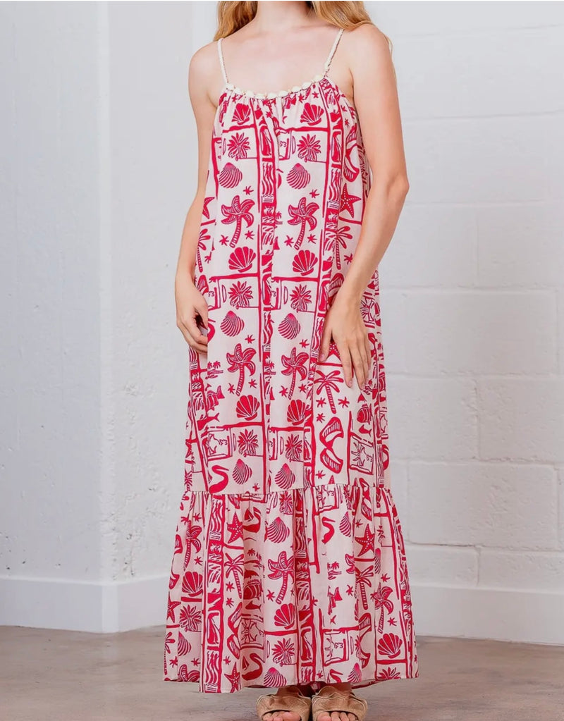 CC TROPICAL PRINT DRESS WITH SHELL DETAIL