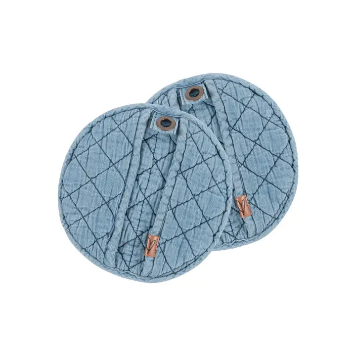 BB - Round Distressed Denim Potholder , Set of 2