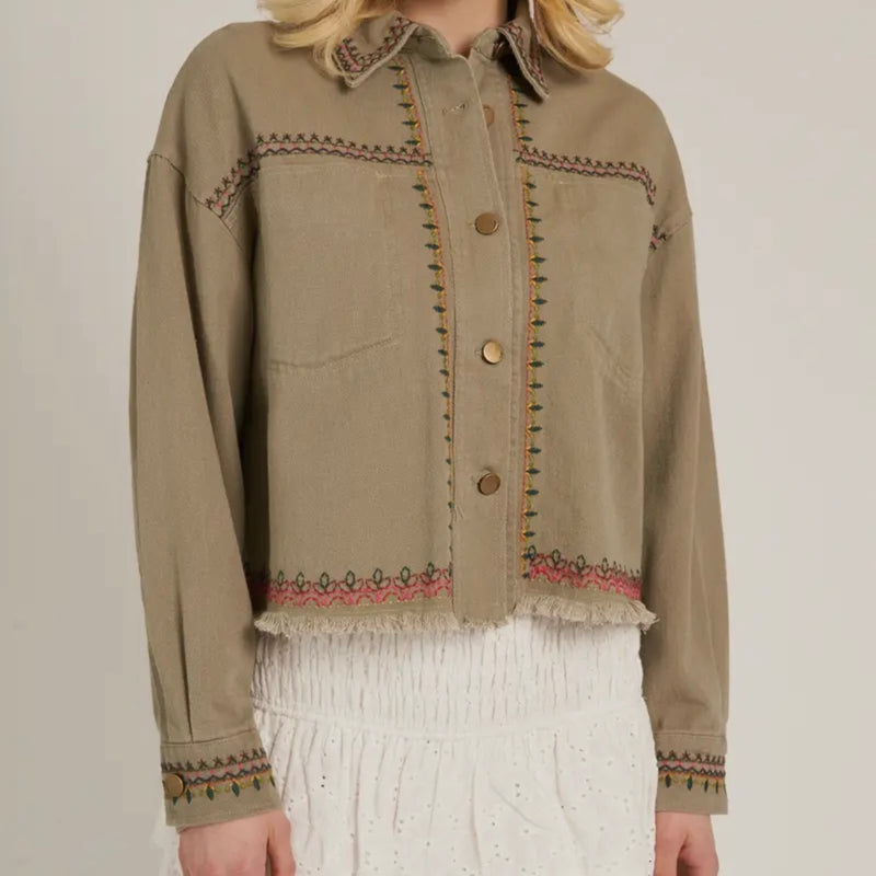 CC EMBROIDERED CROP JACKET IN DENIM