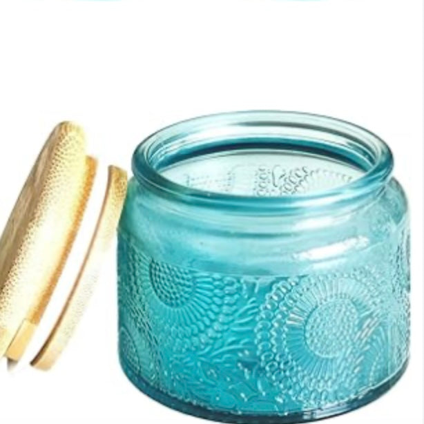 BC embossed mini blue glass jar candle