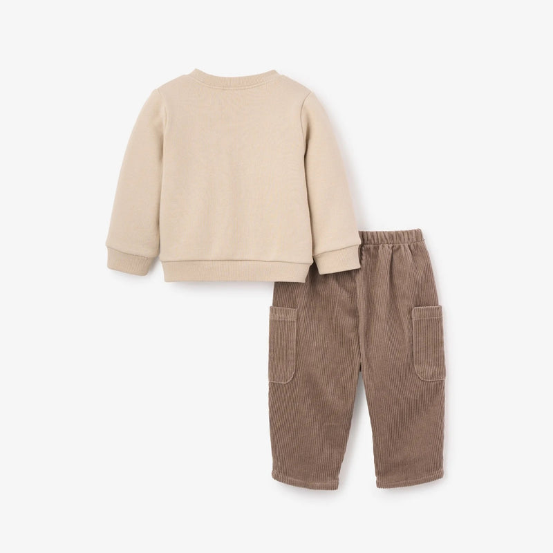 BA - Wolf Screenprint Organic Cotton Fleece Pullover + Corduroy Cargo Pants