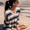 D MerSea Catalina V-neck Sweater - black + bone stripe