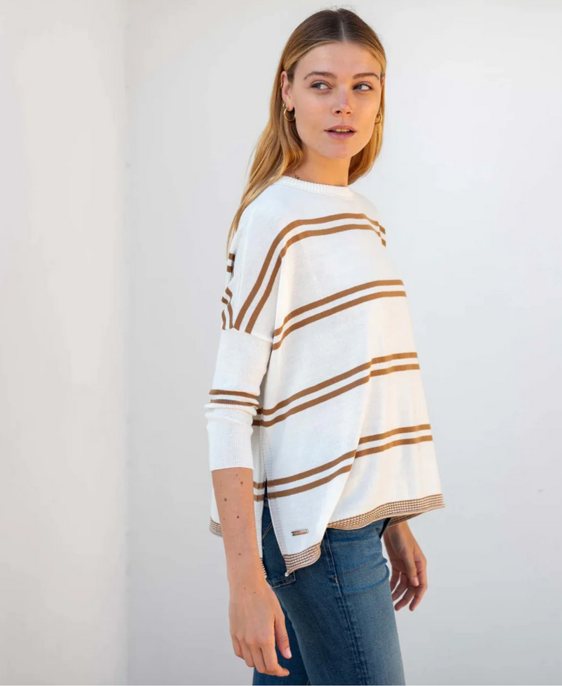 D MerSea Catalina Crewneck Sweater - white + tobacco double stripe
