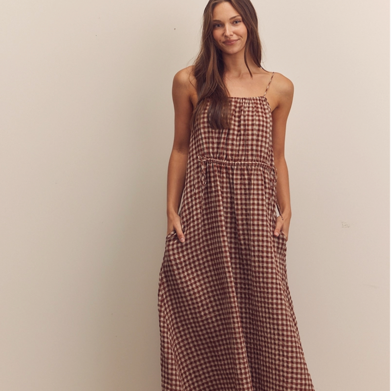D Front Shirring Gingham Cami Dress