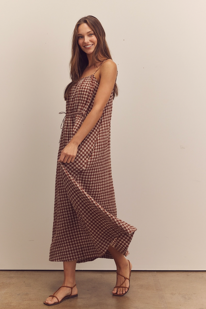 D Front Shirring Gingham Cami Dress