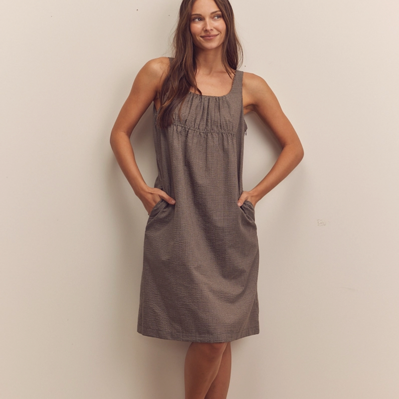 D Front Shirring Knee Dress - olive/brown