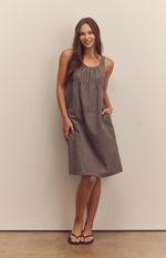 D Front Shirring Knee Dress - olive/brown