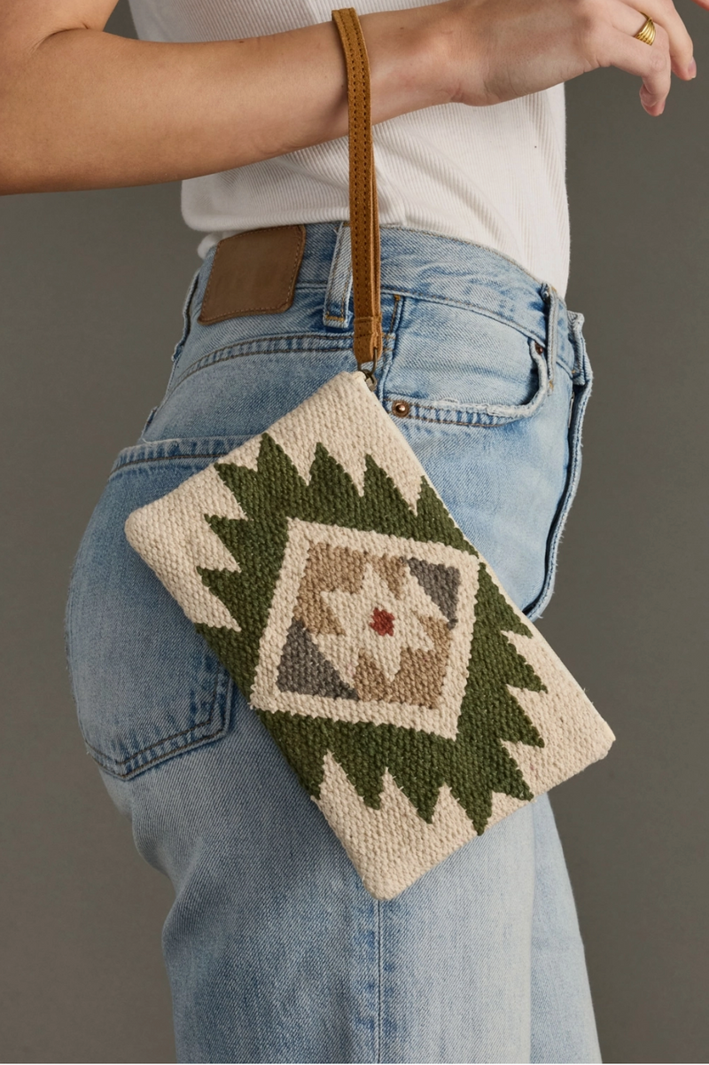 D Cream, Green & Tan Western Wristlet