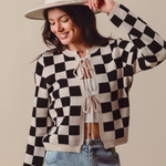 D Tie Front Checkered Knitted Round Neck Cardigan