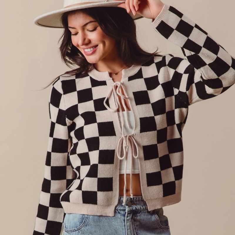 D Tie Front Checkered Knitted Round Neck Cardigan