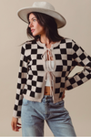 D Tie Front Checkered Knitted Round Neck Cardigan