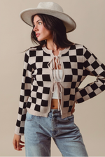 D Tie Front Checkered Knitted Round Neck Cardigan