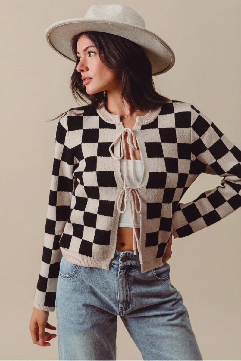 D Tie Front Checkered Knitted Round Neck Cardigan