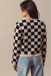 D Tie Front Checkered Knitted Round Neck Cardigan