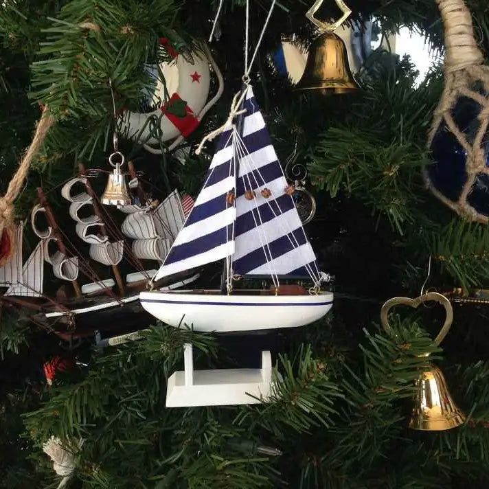 BB - Wooden Blue Striped Model Sailboat Christmas Tree Ornament