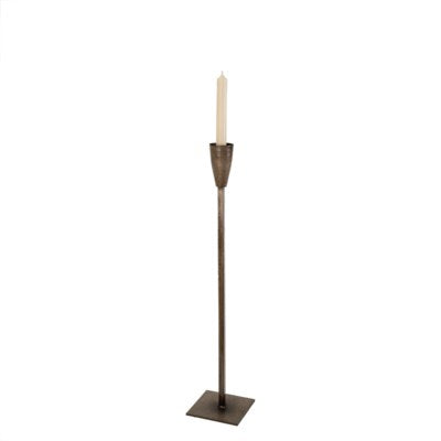 This candlestick is made of iron is 23.5" tall and the iron base is 4.75 " square.