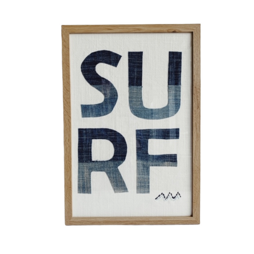 Vertical salt oak frame with ivory textile and tonal textile lettering that goes from dark to light; S and U on top row, R and F on bottom row. Also includes hand stitched wave embroidery at the bottom right corner