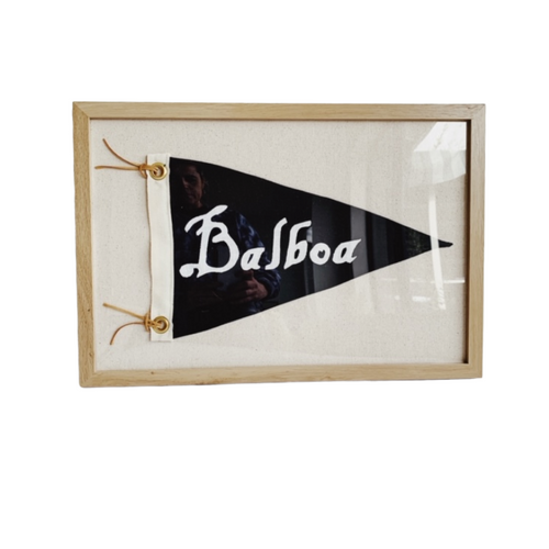 Black Pennant Flag, Balboa script typography, white lettering in salt oak frame