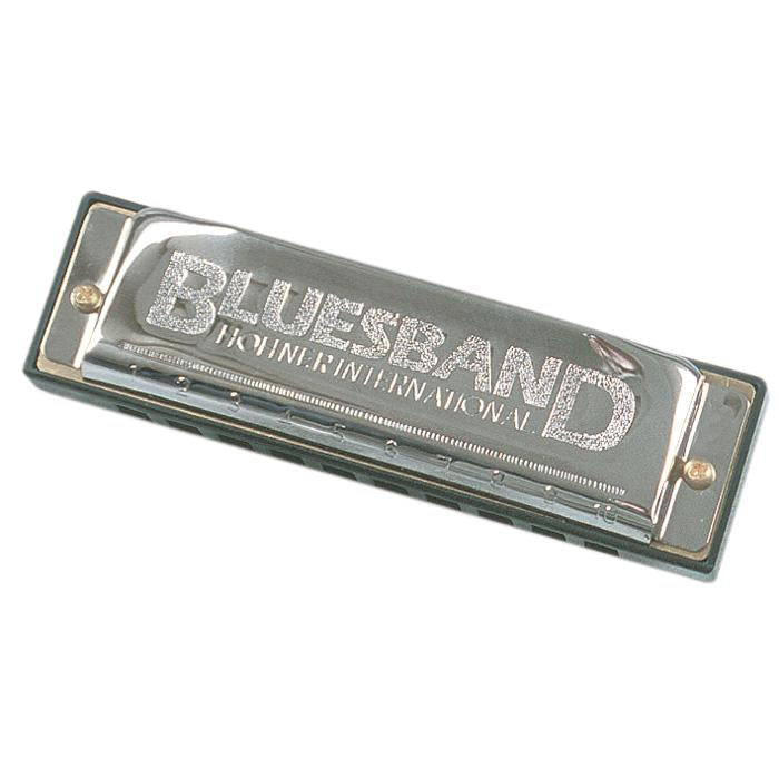 Silver harmonica with Bluesband logo and black trim on white background. 