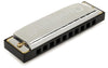 Silver harmonica with Bluesband logo and black trim on white background. 