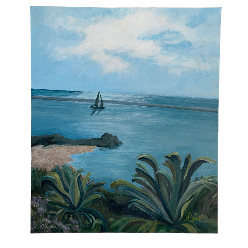 This acrylic  24" in height by 20" in width painting depicts a scene of a sail boat coming into a jetty at the beginning of a sunset. The sky is light blue with scattered clouds. You can see the ocean on the upper side of the jetty with a silhouette of the sail boat. The perspective is taken from above on the top of the cliff with the natural foliage of aloe large succulent plants in various shades of greens.