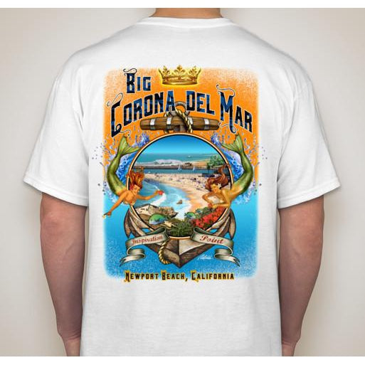 Back of white t-shirt,  rectangled shaped art, blue and orange tints, overview of Big Corona beach with the Wedge beach in the background, 2 mermaids, gold crown, wooden anchor, art by local artist Rick Rietveld
