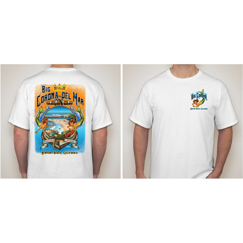 Front and Back of white t-shirt, rectangled shaped art, blue and orange tints, overview of Big Corona beach with the Wedge beach in the background, 2 mermaids, gold crown, wooden anchor, art by local artist Rick Rietveld