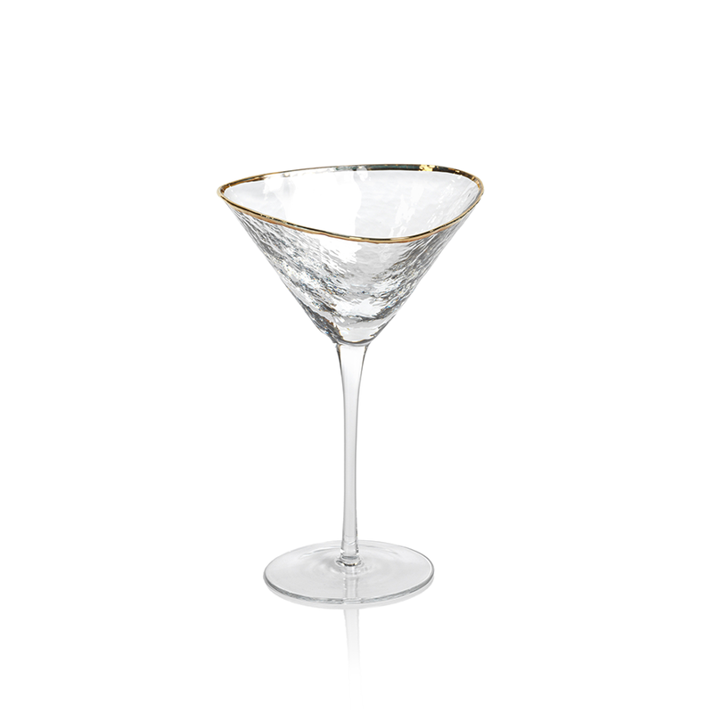 Aperitivo triangular martini glass.   Dimensions: 4.75 in x 7.5 in 5 oz.   The natural variations from artisan's touch brings life and soul to this collection. These tremmed glasses are triangular in shape, and has a gold rim.