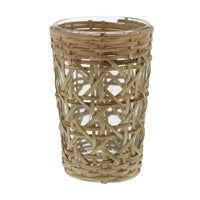 This cane votive is 4.25" tall and 2.75" in diameter. It comes with a clear glass insert to hold a standard tealight. insert
