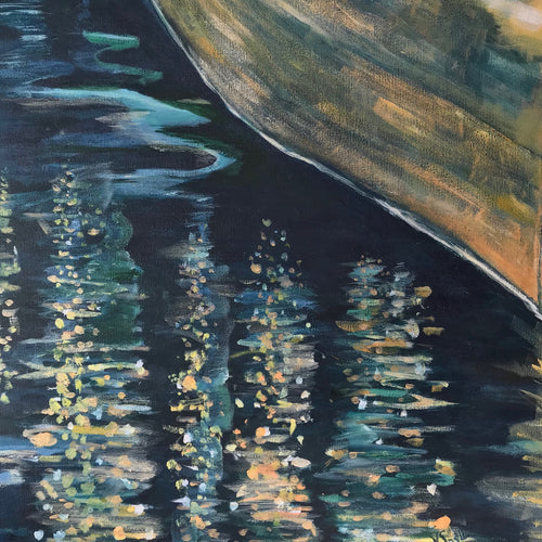 This acrylic 20" square painting is impressionistic in style depicting a water scene at night. The small splashes of yellows, peach, white, blues and greens depicts the light reflection off of the dark blue water. The top right quarter of the painting suggests a small section of a boat resting on the water with stokes of the same colors reflecting off of the water.