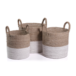 These are seagrass baskets in three different sizes. The small is Small Dimensions: 12.75 in x 17.75 in.The Medium size is: Medium Dimensions: 14.25 in x 18.5 in. The large is: Large Dimensions: 15.75 in x 19.25 in. The bottom half is white and the top half is natural colored.