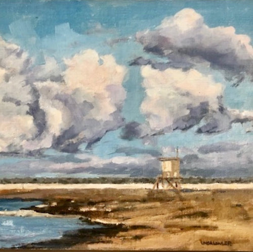 Lifeguard Tower number 3 in Newport Beach.  On the sand at waters edge.  The jetty is in the background and puffy white and gray clouds fill the blue sky