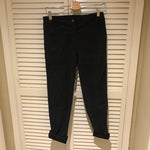 29.5" black straight leg jeans with black silky fabric down length of the pant and bottom of the pant rolled. 
