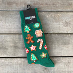 Forest green men's socks with various Christmas cookies.