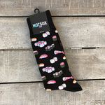 Black men's socks with various sushi images.