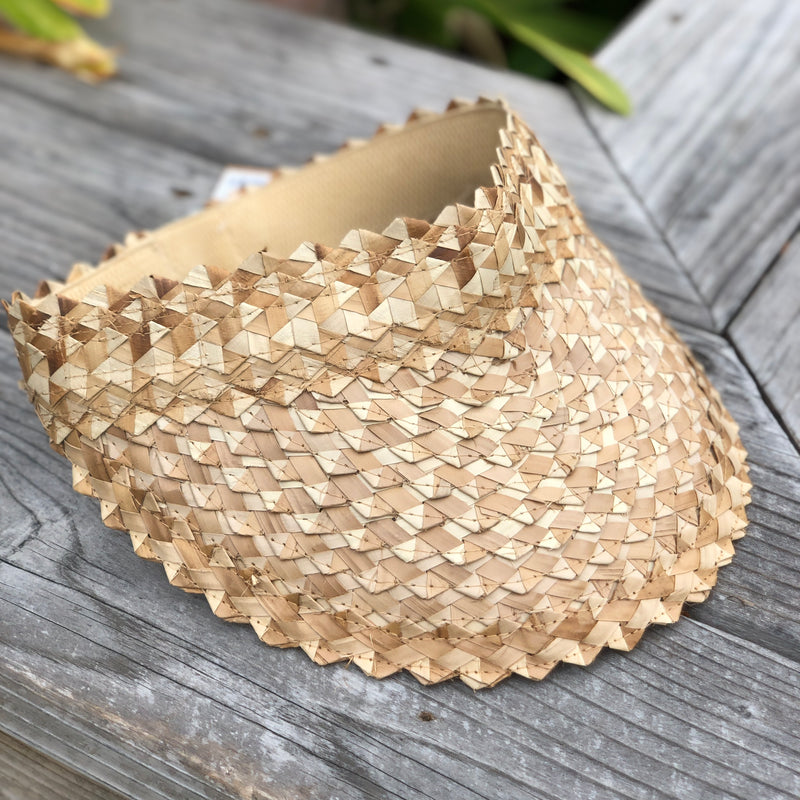 This is the Bree straw visor by Kooringal. It has natural straw tones and a geometric pattern. 