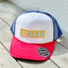 Foam trucker hat with blue back mesh panel, white front panel with NWPRT patch, and red brim.