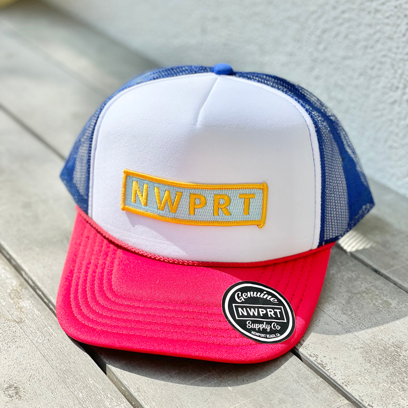 Foam trucker hat with blue back mesh panel, white front panel with NWPRT patch, and red brim.