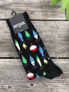 Black men's socks with fishing lures.