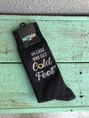 Black men's socks with the phrase 'In case you get cold feet'.