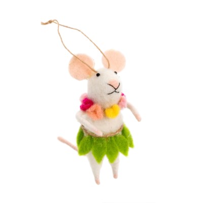 This white felt mouse has a pink nose and ears. It is wearing a green Hula skirt and a lei of light pink, dark pink and yellow flowers around her neck.  A small string is attached so this can hang as an ornament or it can stand on it's own because of it's tail that helps support it.