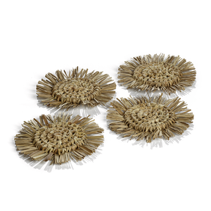 These are a set of 4, woven from sea grass, coasters. They are 5.25" in diameter and have the same material fringe around the outside ring of the circle.