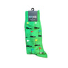 Kelly green men's socks with multi-colored flags on putting green designs.