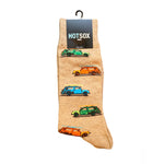 Tan men's socks with green, blue and orange surf wagon pattern.